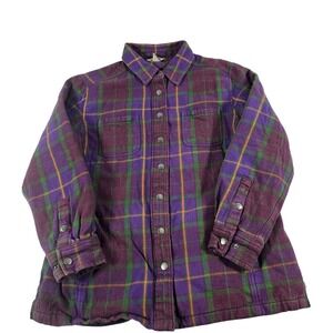 Duluth Trading Co Womens Purple Plaid Quilted Lined Flannel Shirt Jacket M 11334